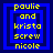 Four identical blue square icons with yellow text reading 'paulie and krista screw nicole' arranged in a , each icon featuring nested dark blue borders