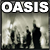 Static pixelated icon featuring large white text "OASIS" at the top over a grayscale background with dark silhouettes of figures below.