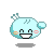 Two pixelated light blue characters with black eyes, white teeth, and pink cheeks stand side-by-side against a gray background.