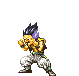 Pixel art character with spiky hair transitioning from dark blue to yellow, wearing white pants and green wristbands, in a fighting stance against gray background.
