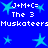 Pixelated blue background with cyan stars and repeated white text reading "J+M+C= The 3 MuskateersMuskateers" in two horizontal bands.