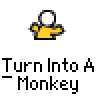 A 4x4 contact sheet of a pixelated animated icon showing a yellow cartoon character transforming into a monkey, with visible text "Turn Into A Monkey" beneath each frame.