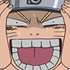 A cartoon character with a headband holds both hands above their head, mouth open wide showing teeth and tongue, with the Chinese character '媽' in multicolored text inside the mouth.