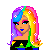 Pixel art icon featuring a rainbow-haired figure in hula attire with colorful text reading 'gotta be crazy' below.
