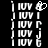 A black-and-white animated icon shows a vertical sequence of white pixelated shapes on the left, with repeated 'IUV' text and changing symbols on the right.