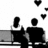 Two pixelated figures sit side-by-side on a bench with three heart shapes floating above them against a white background.