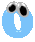 A light blue circular shape with a gray vertical slot and two small white squares at the bottom, displaying large black eyes with silver outlines on top left and dark rectangular shapes over the same area on top right.