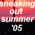 A pixelated animated contact sheet showing two frames of a sunset scene with overlaid text 'sneaking out summer '05' on the left frame and a full sunset view on the right frame.