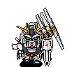 Pixel art of a white and blue mecha with yellow antennae, green eyes, red mouthpiece, holding a large weapon with multiple barrels.