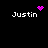 Four instances of the name 'Justin' in white pixelated text on a black background, each with a distinct purple pixelated symbol above or beside it.