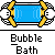 Animated contact sheet of a pixel art bubble bath icon showing sequential frames with water effects and speech bubbles over cartoon characters in bathtubs.