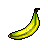 Pixelated banana with yellow and green coloring, brown stem, black outline on gray background.