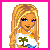Pixel art contact sheet showing a blonde female character in various poses and outfits with repeated text elements, arranged in 4x3 grid format on white background with pink border.