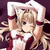 Anime-style character with blonde hair in red and white outfit making hand gesture over head against dark purple background.