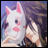 A pixelated anime-style character with long dark hair holds a white mask with pink accents against a blue sky background.