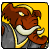 Pixelated cartoon elephant head with brown fur, white tusks, and golden accents on a yellow background.