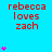A static image with red text 'rebecca loves zach' repeated across a bright blue background, accompanied by pink heart symbols in various positions.