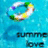A pixelated circular icon with green, yellow, white, and purple segments on a blue background, displaying 'summe' above 'love' in dark text.