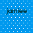 Blue background with white dots and four instances of the text 'jamiee' in dark blue pixelated font arranged in a
