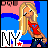 Pixelated cartoon woman with long blonde hair in red top and dark pants, standing against blue background with pink upper section.