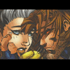 Animated sequence of two characters: one with light hair and blue eyes, the other with brown hair and red eyes, sharing a close moment while holding yellow bananas.