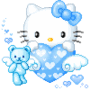 Hello Kitty avatar with blue bow holding heart-shaped pillow, accompanied by teddy bear and floating hearts on gray background.