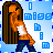 A 3x3 contact sheet of an animated AIM buddy icon showing a pixelated character with long brown hair, orange top, and blue pants walking left against a light blue background with repeated 'i miss' text elements.