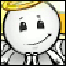 Pixelated static buddy icon featuring a white circular head with simple black eyes and a curved smile, yellow hair on top, and gray limbs against a transparent background.