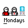A 4x4 contact sheet of a pixel art animated buddy icon showing sequential frames with text bubbles and character interactions against a gray background.