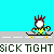 Pixelated character with red antlers and yellow body rides various vehicles on a gray road against cyan background, text 'SICK TIGHT' repeated below.