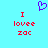 Pixelated cyan background with red text 'I lovee zac' repeated twice and a purple heart symbol above the left text block.