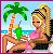 Pixelated beach scene with a woman in pink top reclining on lounge chair, palm tree, green drink with straw, ocean background.