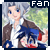 Pixelated anime-style character with silver hair and blue eyes, wearing a brown jacket over a white shirt, holding a blue and red object, with 'Fan' text in top-left corner.