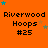 Orange background with repeated 'Riverwood Hoops #25' text and scattered stars in blue, teal, brown, and gray.
