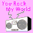Pixelated boombox with two speakers and antenna, text "You Rock My World" above in varying colors on solid backgrounds.