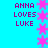 Pixelated text 'ANNA LOVES LUKE' in purple on cyan background with pink star shapes, displayed across multiple repeated sections.