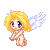 Pixelated angel with blonde hair and white wings in six sequential poses showing wing movement against a gray background.