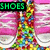 A pixelated image of pink sneakers with white laces and soles, surrounded by colorful confetti-like patterns.