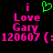 Pixelated text and symbols on black background: pink 'i' above green heart, followed by stacked pink words 'Love', 'Gary', '120607', and a colon-parenthesis emoticon.