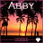 Animated sunset beach scene with palm trees and 'ABBY' text, featuring a white heart icon that appears and disappears across frames.