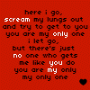 Red background with black pixelated text and two black hearts, displaying lyrics with highlighted words.