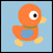 Pixelated orange duck with single large eye, green collar, blue belly patch, yellow beak and feet on light blue background.
