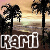 Pixelated beach scene with palm trees at sunset, two versions of the name 'Kari' displayed below.