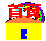 Pixelated house with yellow walls, orange roof, and blue door; red Chinese characters on left frame, blue English text on right frame.