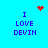 Blue background with purple text reading "I LOVE DEVIN" and red pixelated heart or starburst symbols in four positions.