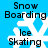 Blue background with white snowflake icons and black text reading "Snow Boarding," "Ice," and "Skating" in pixelated font.