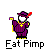 Pixelated character in purple robe with yellow accents and red hat feather, shown across with changing text above