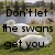 A four- shows swans on grass near water with overlaid text; the bottom-left has red text while others have black