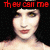 A pixelated image of a person with dark hair and red lips, featuring red text overlays in different positions across three