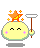 A yellow rounded character with closed eyes and pink cheek marks holds a brown staff topped with a white platform, while an orange star on its head emits small yellow sparkles.